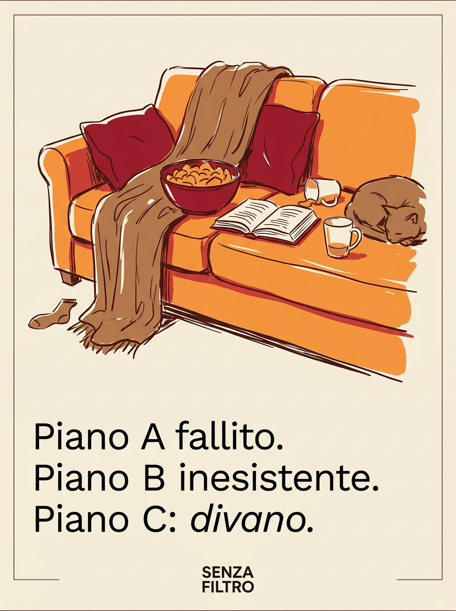 Serie PIANO B — Il caos quotidiano illustrato — Piano A fallito. Piano B inesistente. Piano C: divano.