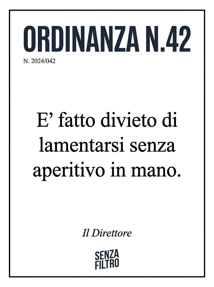 Serie COMUNICAZIONE DI SERVIZIO — Avvisi ufficiali parodistici — È fatto divieto di lamentarsi senza aperitivo in mano.