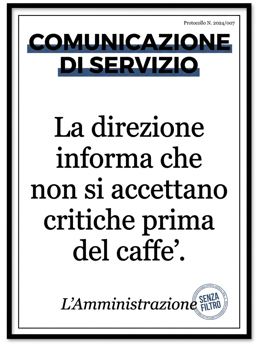 Serie COMUNICAZIONE DI SERVIZIO — Avvisi ufficiali parodistici — La direzione informa che non si accettano critiche prima del caffè.