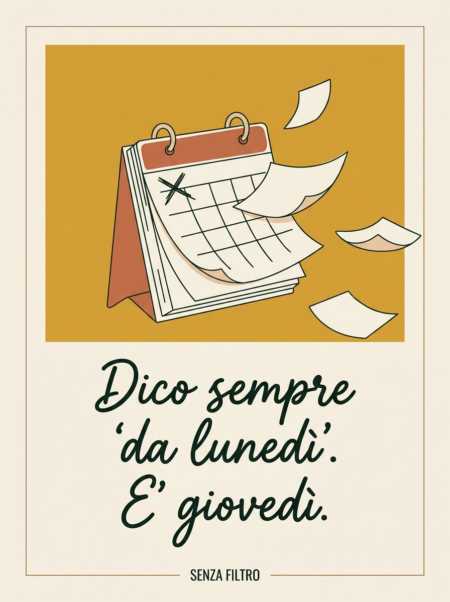 Serie CONFESSIONI DOMESTICHE — Auto-ironia in cornice — Dico sempre 'da lunedì'. È giovedì.