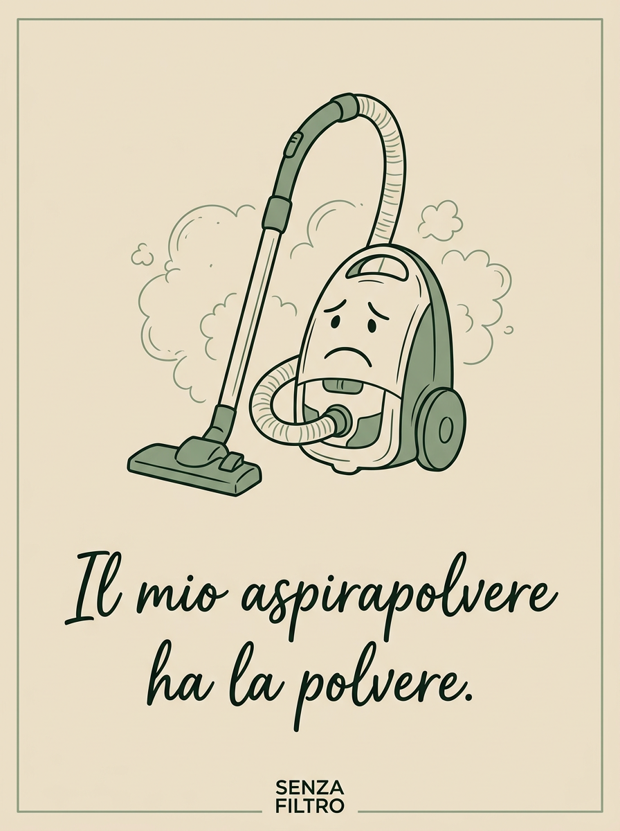 Serie CONFESSIONI DOMESTICHE — Auto-ironia in cornice — Il mio aspirapolvere ha la polvere.