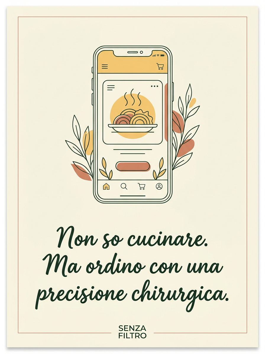 Serie CONFESSIONI DOMESTICHE — Auto-ironia in cornice — Non so cucinare. Ma ordino con precisione chirurgica.