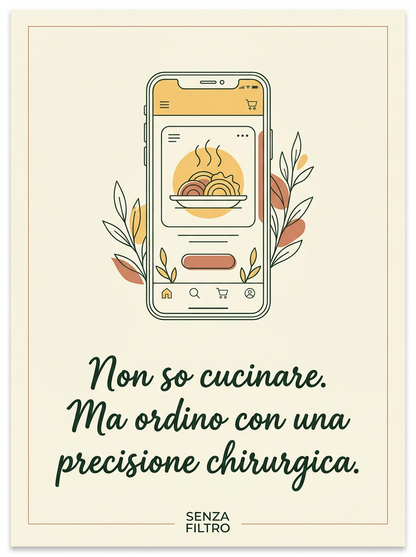 Serie CONFESSIONI DOMESTICHE — Auto-ironia in cornice — Non so cucinare. Ma ordino con precisione chirurgica.