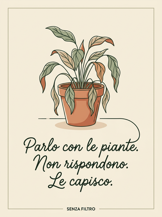 Serie CONFESSIONI DOMESTICHE — Auto-ironia in cornice — Parlo con le piante. Non rispondono. Le capisco.
