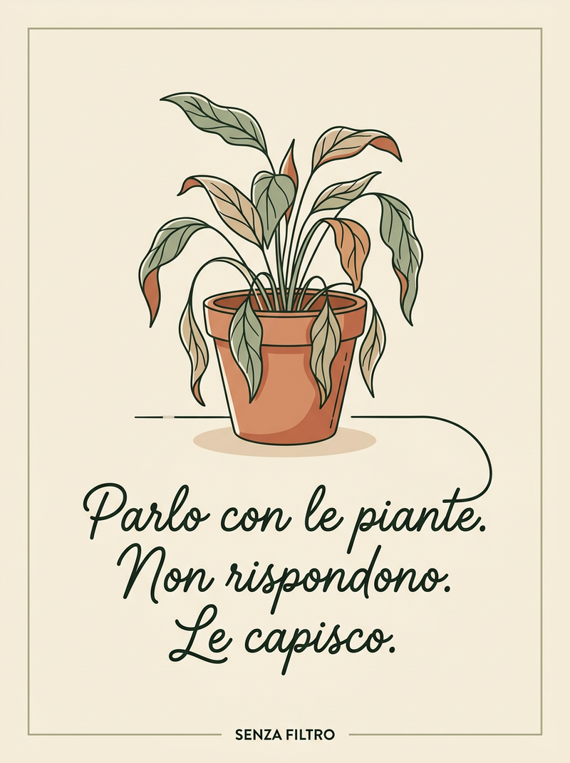 Serie CONFESSIONI DOMESTICHE — Auto-ironia in cornice — Parlo con le piante. Non rispondono. Le capisco.
