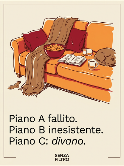 Serie PIANO B — Il caos quotidiano illustrato — Piano A fallito. Piano B inesistente. Piano C: divano.