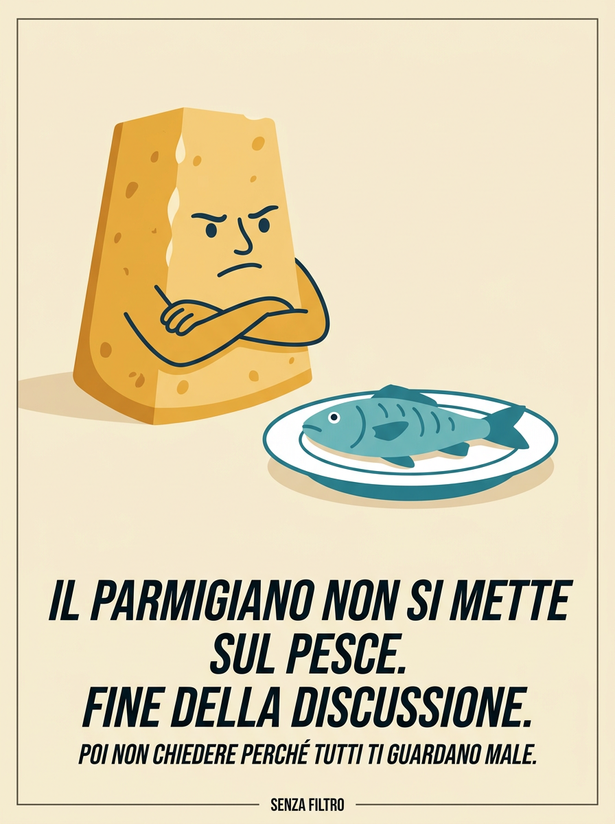 Serie SACRO & PROFANO — Cibo italiano e ironia tagliente — Il parmigiano non si mette sul pesce. Fine della discussione.