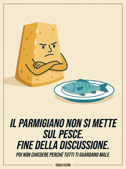 Serie SACRO & PROFANO — Cibo italiano e ironia tagliente — Il parmigiano non si mette sul pesce. Fine della discussione.
