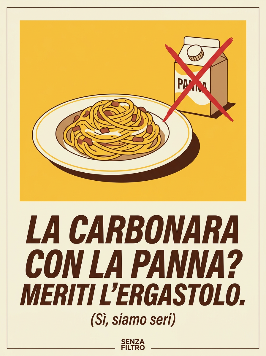 Serie SACRO & PROFANO — Cibo italiano e ironia tagliente — La carbonara con la panna? Meriti l'ergastolo.