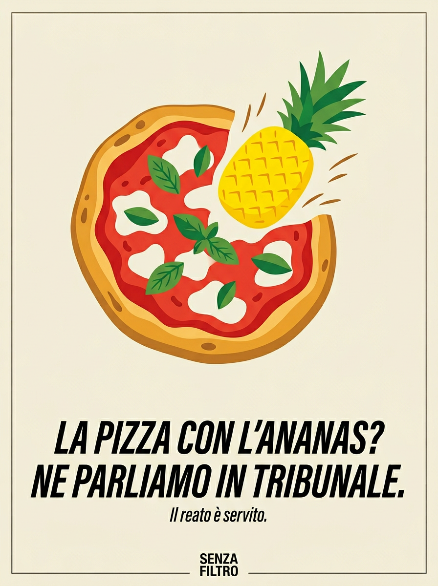 Serie SACRO & PROFANO — Cibo italiano e ironia tagliente — La pizza con l'ananas? Ne parliamo in tribunale.